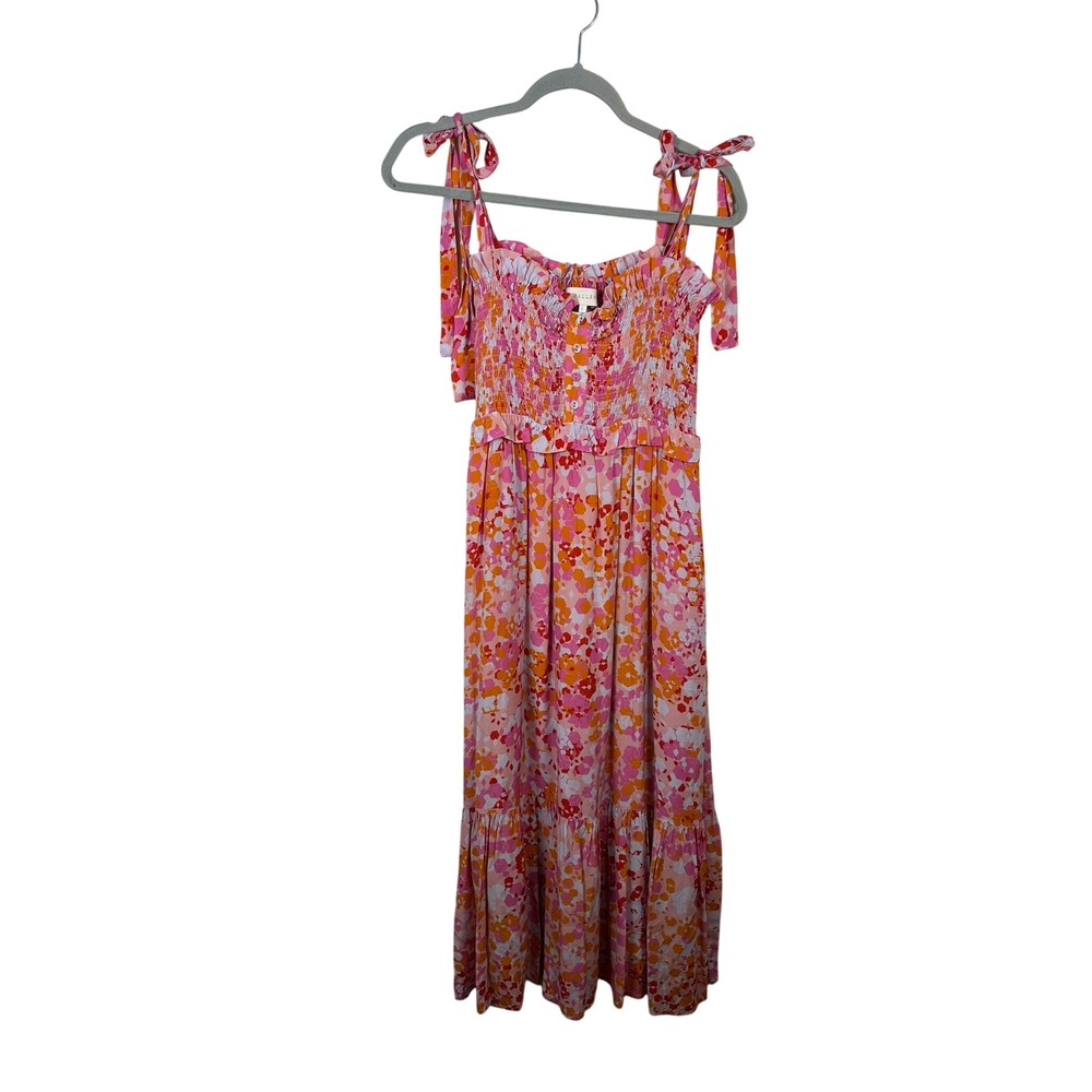 Caballero Midi Dress Women Large Pink Orange Excellent Smocked Tie Shoulder Boho